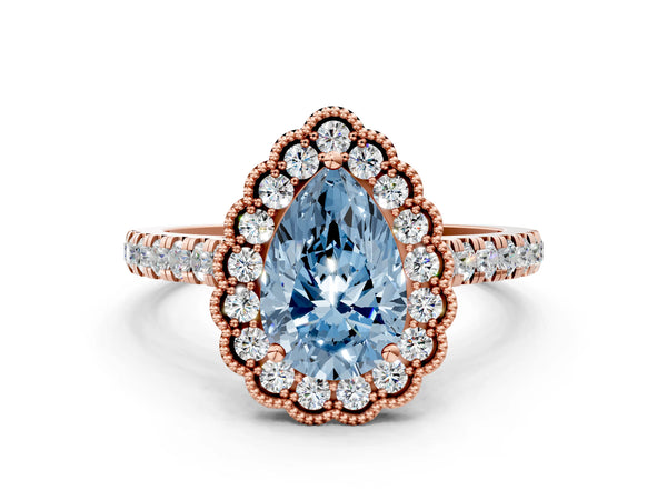 Rose gold Fancy Blue Pear  Cut Diamond Milgrain Floral Halo Engagement Ring with Pavé Band