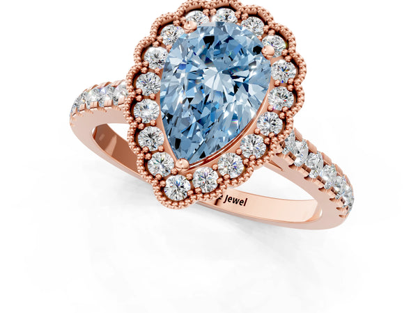 Rose gold Fancy Blue Pear  Cut Diamond Milgrain Floral Halo Engagement Ring with Pavé Band