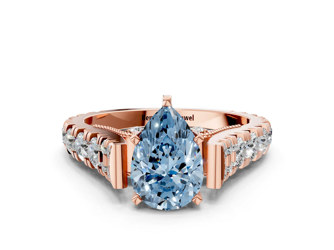 Rose gold Fancy Blue Pear  Cut Diamond Pavé Band Solitaire with Four-Prong Setting_15