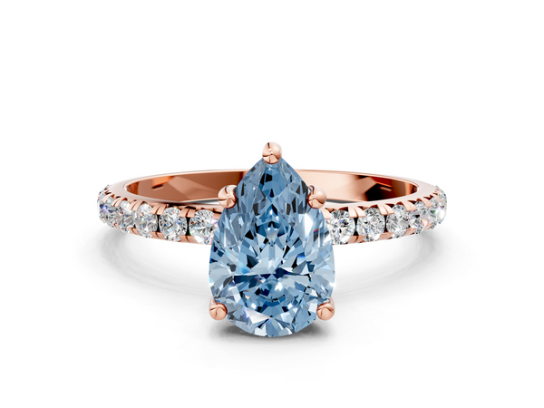 Rose gold Fancy Blue Pear  Cut Diamond Solitaire Ring with Micro Pave Band and Four Prong Setting