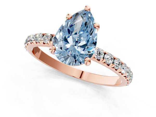 Rose gold Fancy Blue Pear  Cut Diamond Solitaire Ring with Micro Pave Band and Four Prong Setting