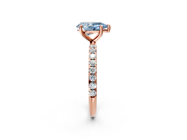 Rose gold Fancy Blue Pear  Cut Diamond Solitaire Ring with Micro Pave Band and Four Prong Setting