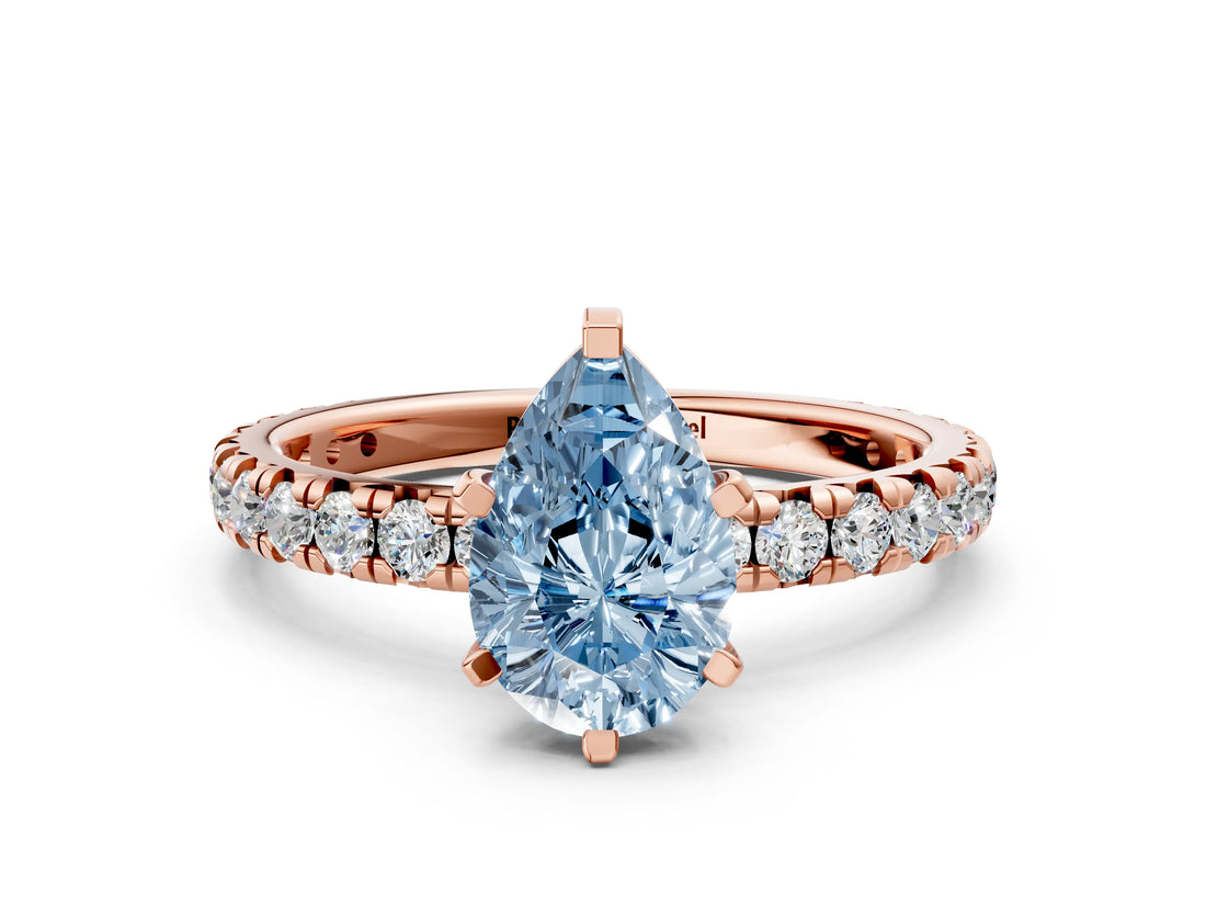 Rose gold Fancy Blue Pear Cut Diamond Pavé Solitaire Ring with Round Band and Prong Setting_12