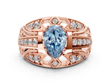 Rose gold Fancy Blue Pear Cut Diamond Pave Art Deco Split Shank Ring with Four-Prong Setting
