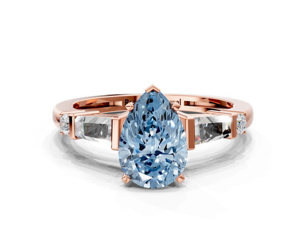 Rose gold Fancy Blue Pear  Cut Diamond Ring with Baguette Side Stones, Channel Set Band, and Four-Prong Setting