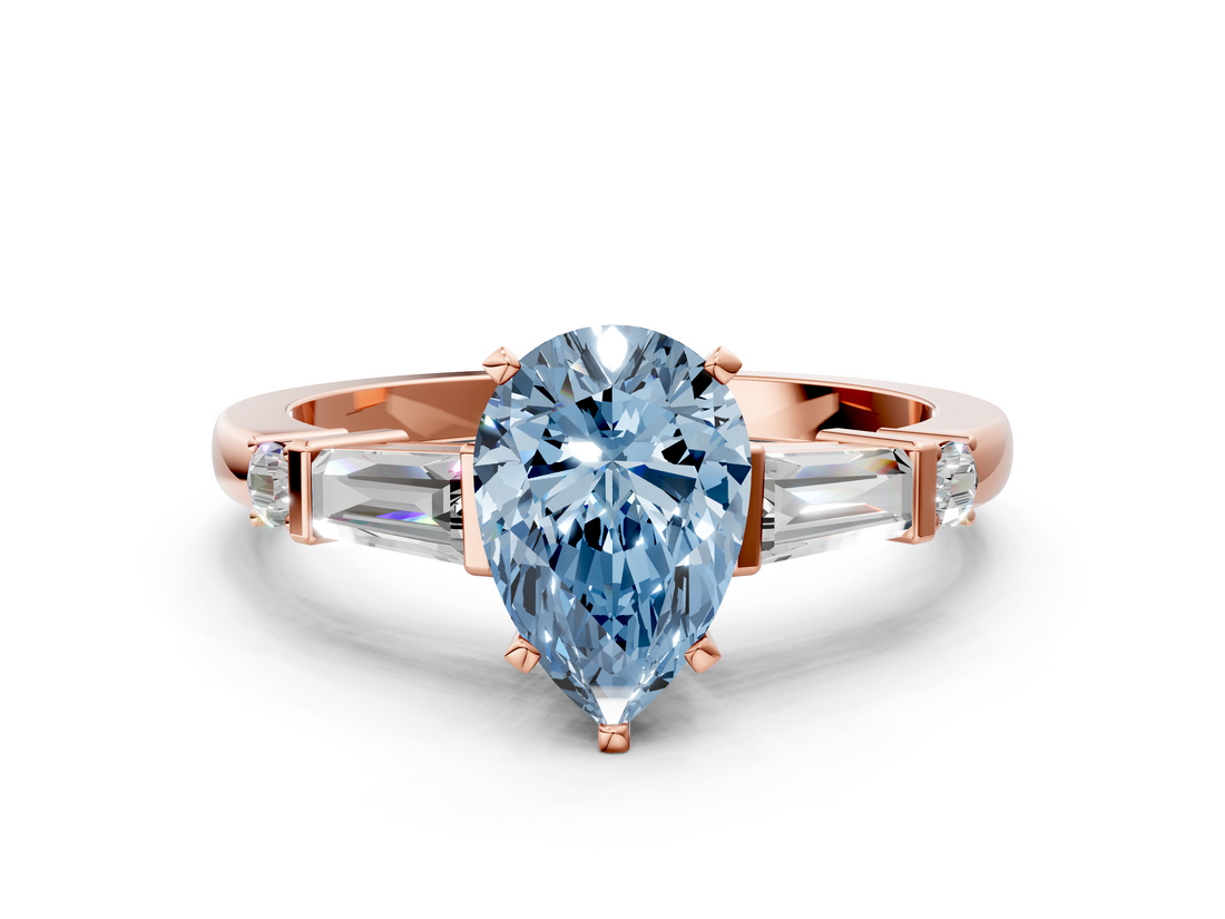 Rose gold Fancy Blue Pear  Cut Diamond Ring with Baguette Side Stones, Channel Set Band, and Four-Prong Setting_3