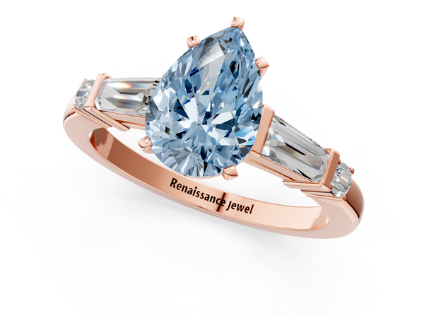 Rose gold Fancy Blue Pear  Cut Diamond Ring with Baguette Side Stones, Channel Set Band, and Four-Prong Setting