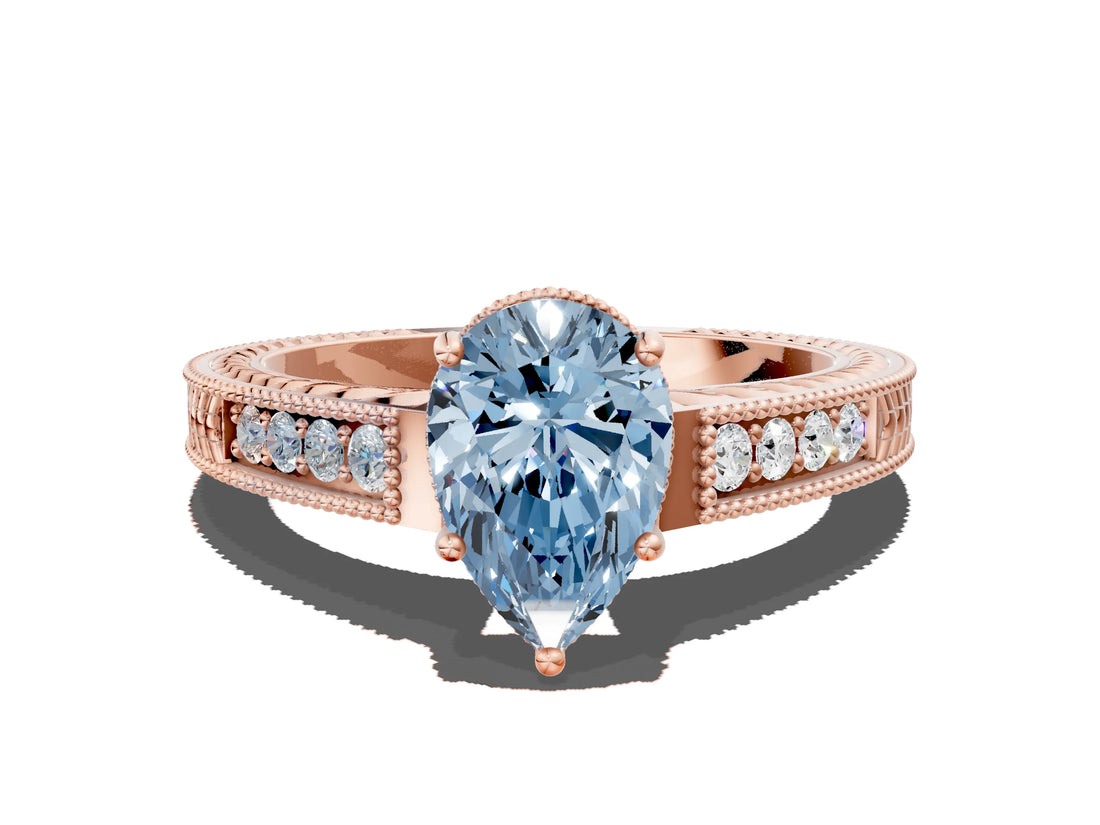 Rose gold Fancy Blue Pear Cut Diamond Ring with Milgrain Pavé Band and Four-Prong Setting_21