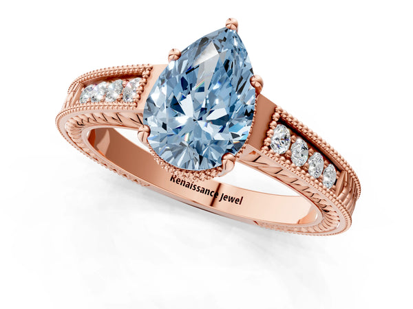 Rose gold Fancy Blue Pear Cut Diamond Ring with Milgrain Pavé Band and Four-Prong Setting