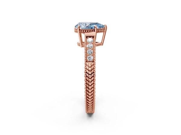 Rose gold Fancy Blue Pear Cut Diamond Ring with Milgrain Pavé Band and Four-Prong Setting