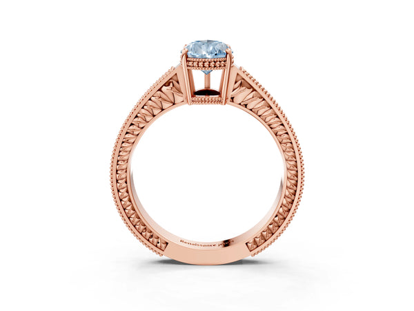Rose gold Fancy Blue Pear Cut Diamond Ring with Milgrain Pavé Band and Four-Prong Setting