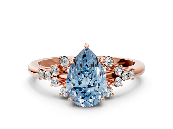 Rose gold Fancy Blue Pear Cut Diamond Ring with Side Stones and Four-Prong Setting
