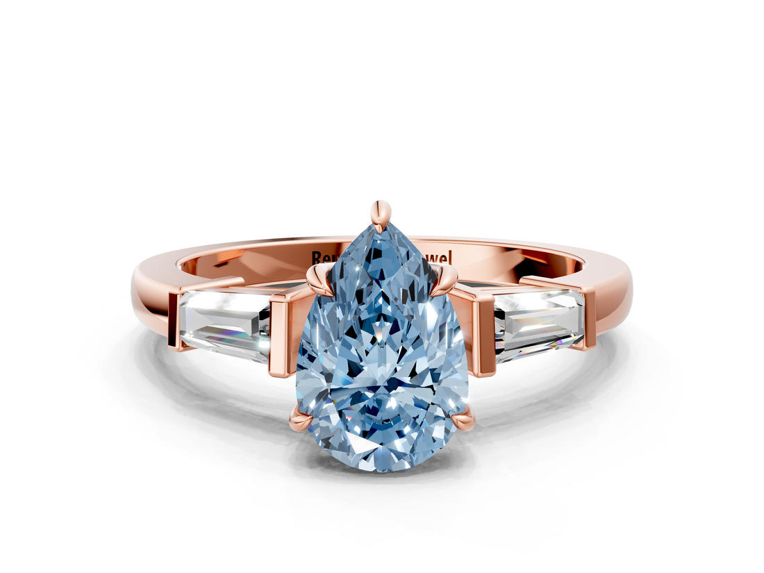 Rose gold Fancy Blue Pear  Cut Diamond Ring with Tapered Baguette Side Stones in Four-Prong Setting_3