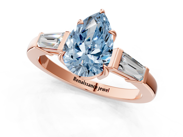 Rose gold Fancy Blue Pear  Cut Diamond Ring with Tapered Baguette Side Stones in Four-Prong Setting