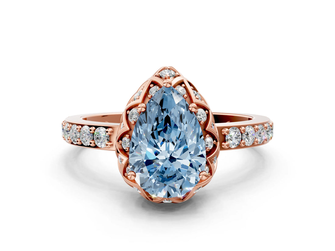 Rose gold Fancy Blue Pear Cut Diamond Scalloped Halo Engagement Ring with Round Shared Prong Band_12