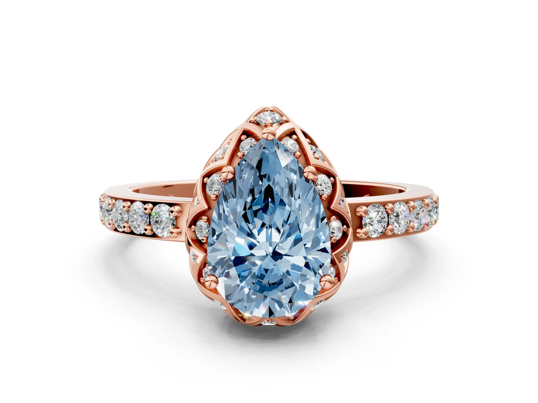 Rose gold Fancy Blue Pear Cut Diamond Scalloped Halo Engagement Ring with Round Shared Prong Band_24