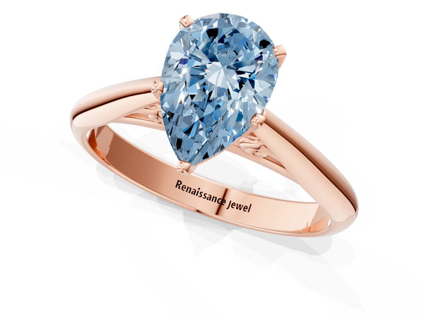 Rose gold Fancy Blue Pear Cut Diamond Solitaire Engagement Ring with Cathedral Setting and Four-Prong Mount