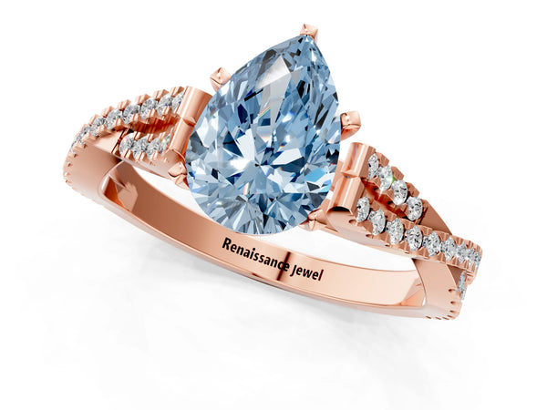 Rose gold Fancy Blue Pear Cut Diamond Solitaire Engagement Ring with Twisted Pavé Band and Four-Prong Setting