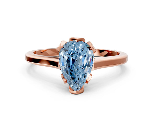 Rose gold Fancy Blue Pear Cut Diamond Solitaire Ring with Flower Prong Setting and Classic Band