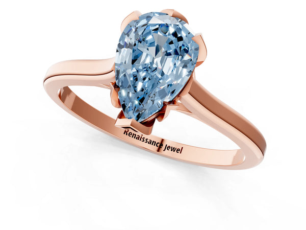 Rose gold Fancy Blue Pear Cut Diamond Solitaire Ring with Flower Prong Setting and Classic Band