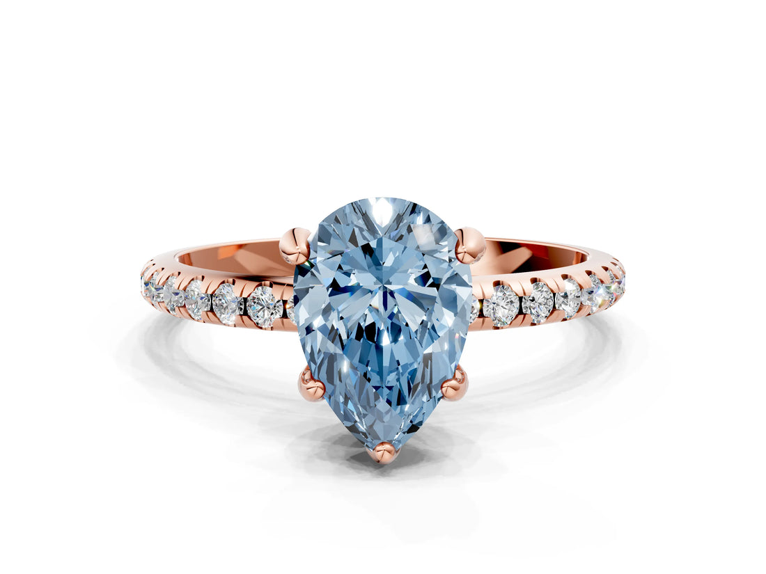 Rose gold Fancy Blue Pear Cut Diamond Solitaire Ring with Four-Prong Setting and Pavé Band_3