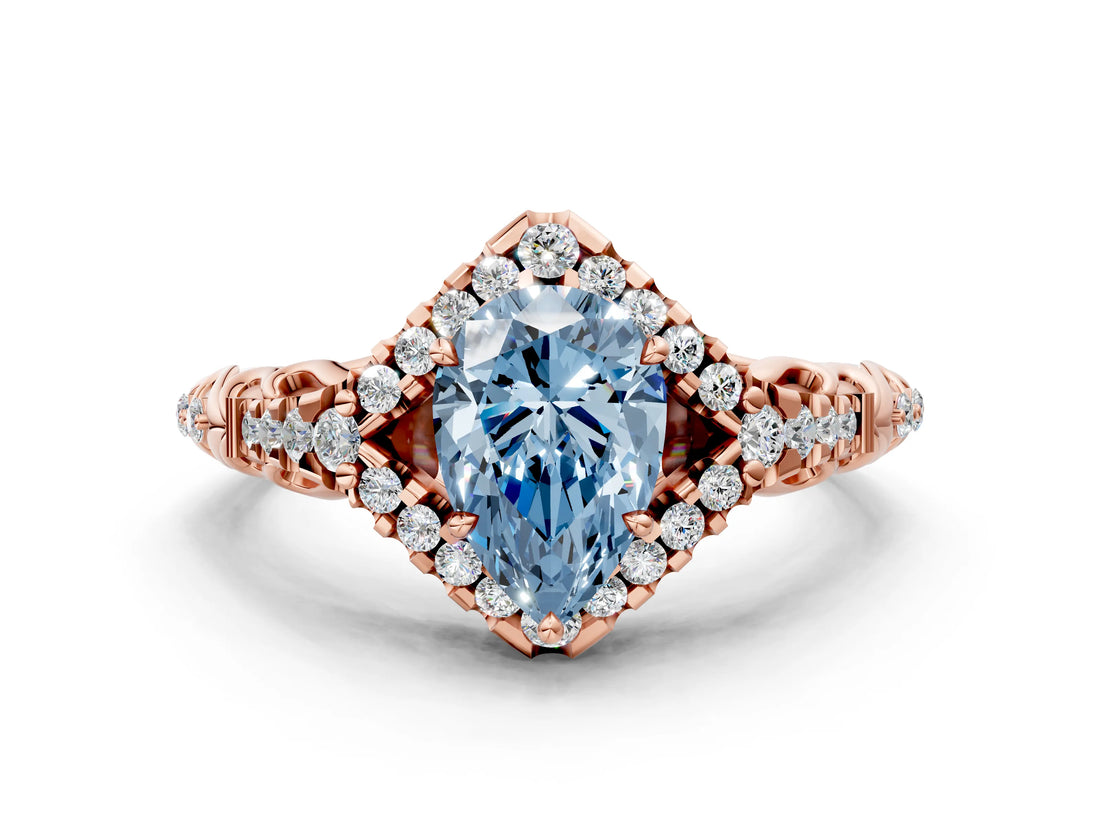 Rose gold Fancy Blue Pear Cut Diamond Solitaire Ring with Hidden Halo and Pavé Band_27