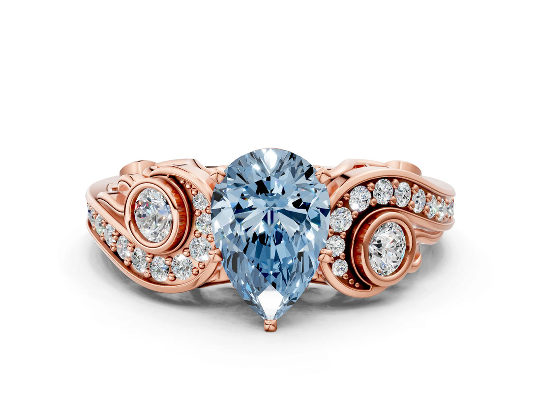 Rose gold Fancy Blue Pear Cut Diamond Solitaire Ring with Milgrain Pavé Band and Four-Prong Setting_155