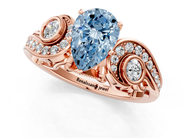 Rose gold Fancy Blue Pear Cut Diamond Solitaire Ring with Milgrain Pavé Band and Four-Prong Setting