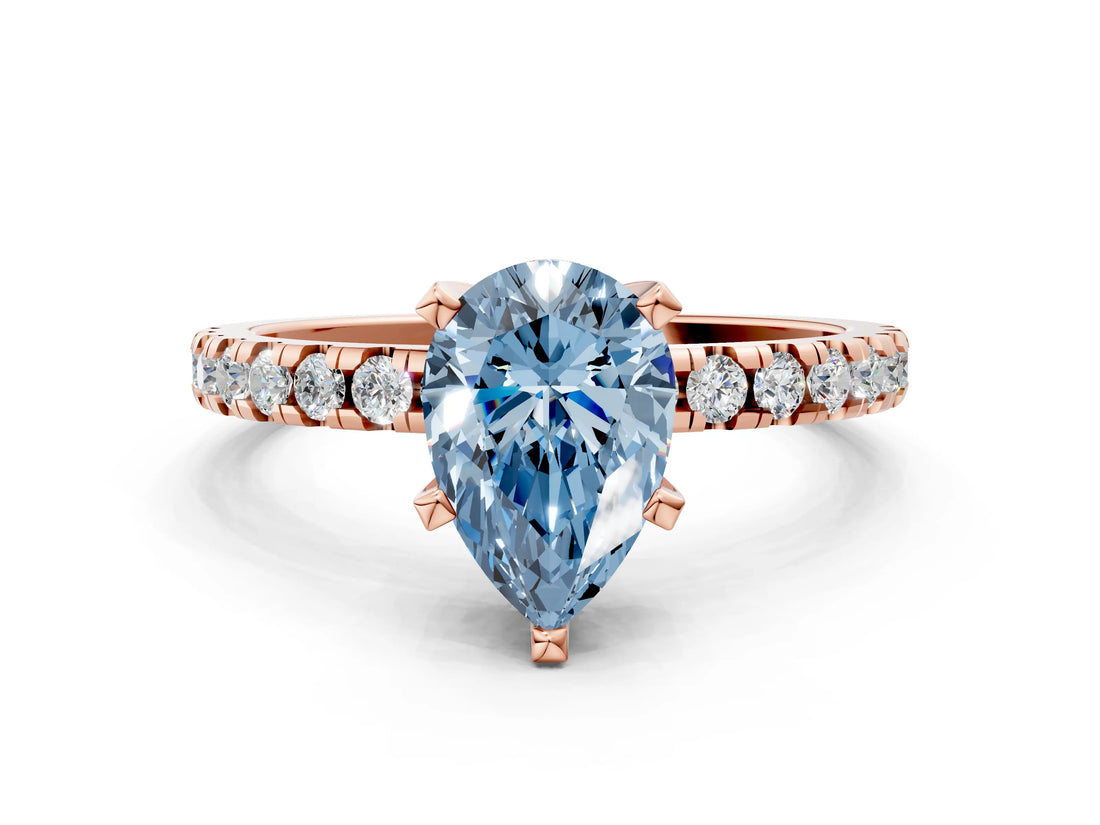 Rose gold Fancy Blue Pear Cut Diamond Solitaire Ring with Pavé Band and Four-Prong Setting_61
