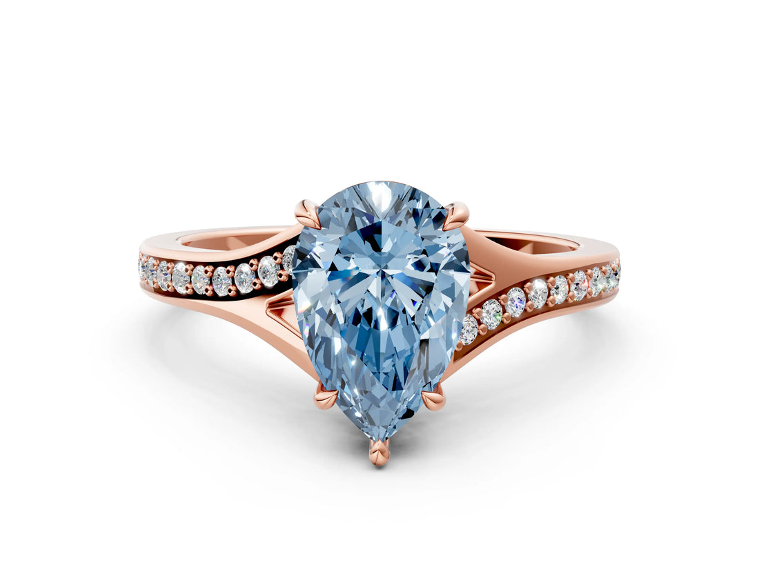 Rose gold Fancy Blue Pear Cut Diamond Solitaire Ring with Pavé Band and Prong Setting_12