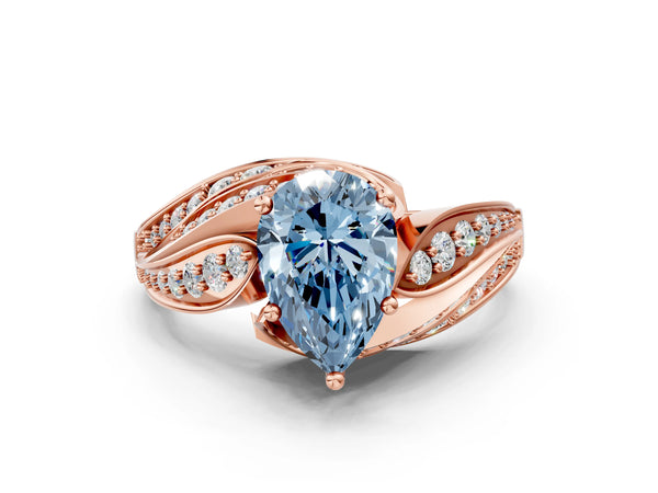 Rose gold Fancy Blue Pear Cut Diamond Solitaire Ring with Prong Setting and Twisted Pavé Band