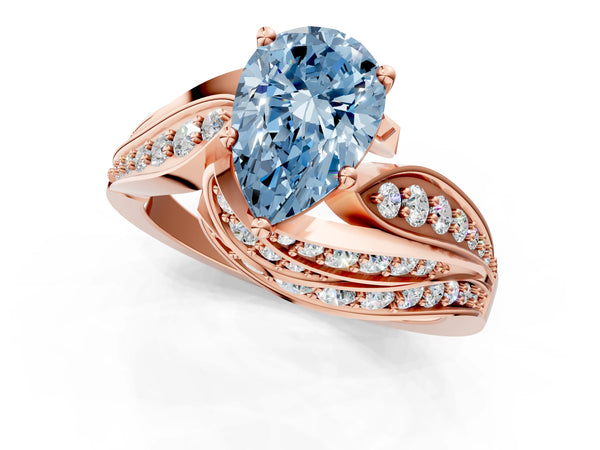 Rose gold Fancy Blue Pear Cut Diamond Solitaire Ring with Prong Setting and Twisted Pavé Band