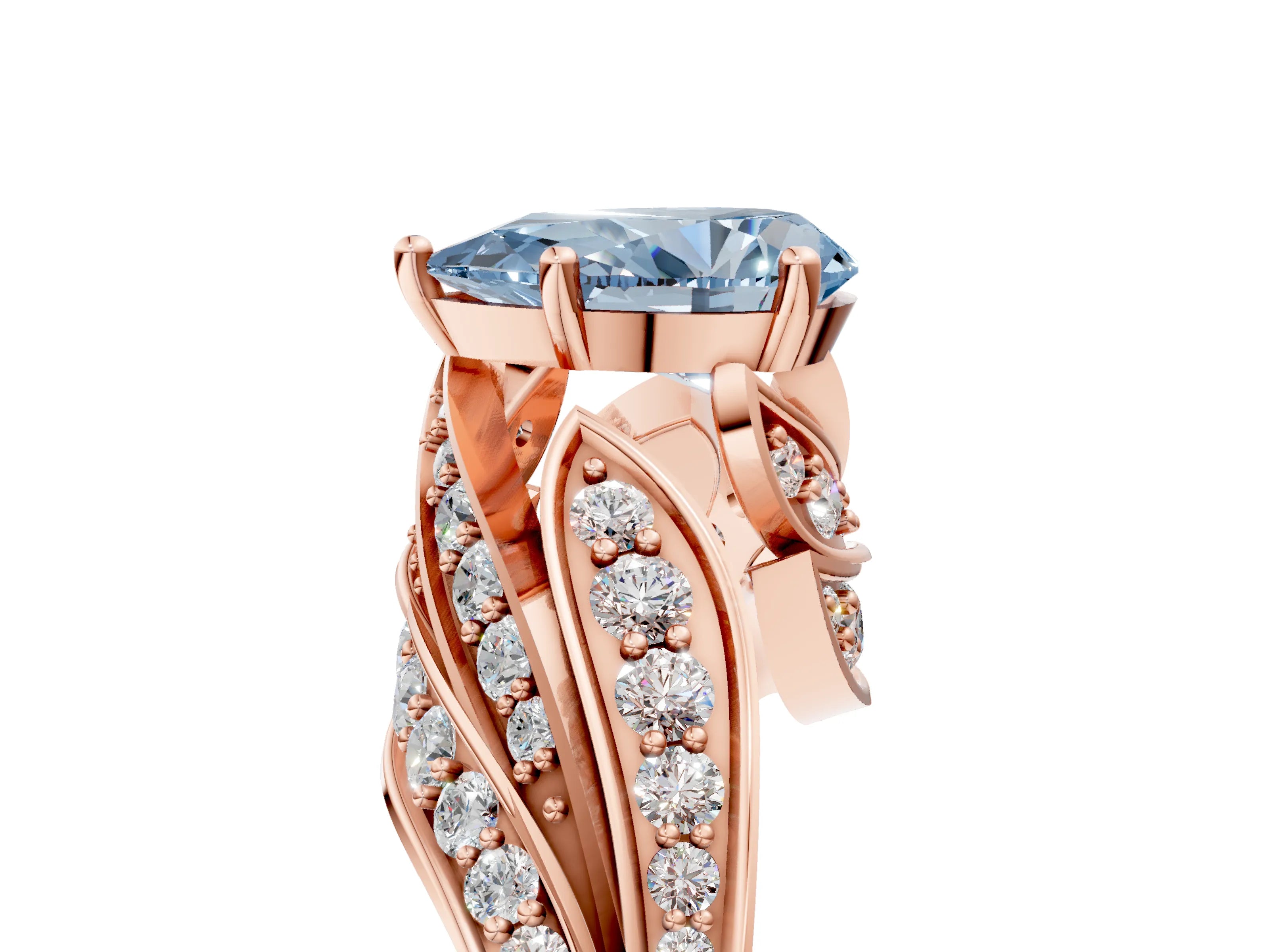 Rose gold Fancy Blue Pear Cut Diamond Solitaire Ring with Prong Setting and Twisted Pavé Band_5