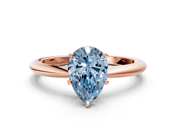 Rose gold Fancy Blue Pear Cut Diamond Solitaire Ring with Six-Prong Setting and Classic Band