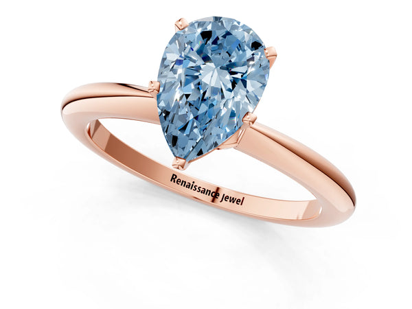 Rose gold Fancy Blue Pear Cut Diamond Solitaire Ring with Six-Prong Setting and Classic Band