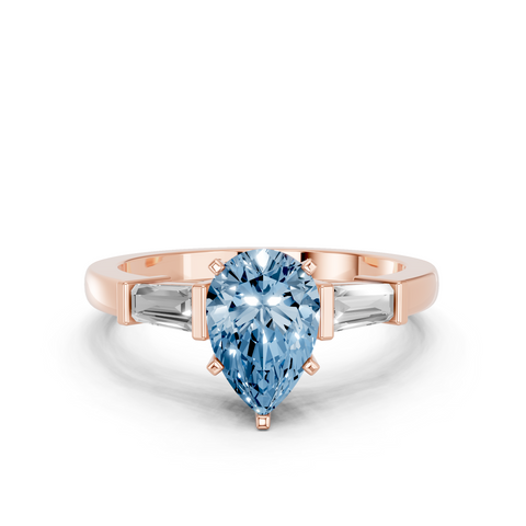 Rose gold Fancy Blue Pear  Cut Diamond Solitaire Ring with Tapered Baguette Accents and Four-Prong Setting_11