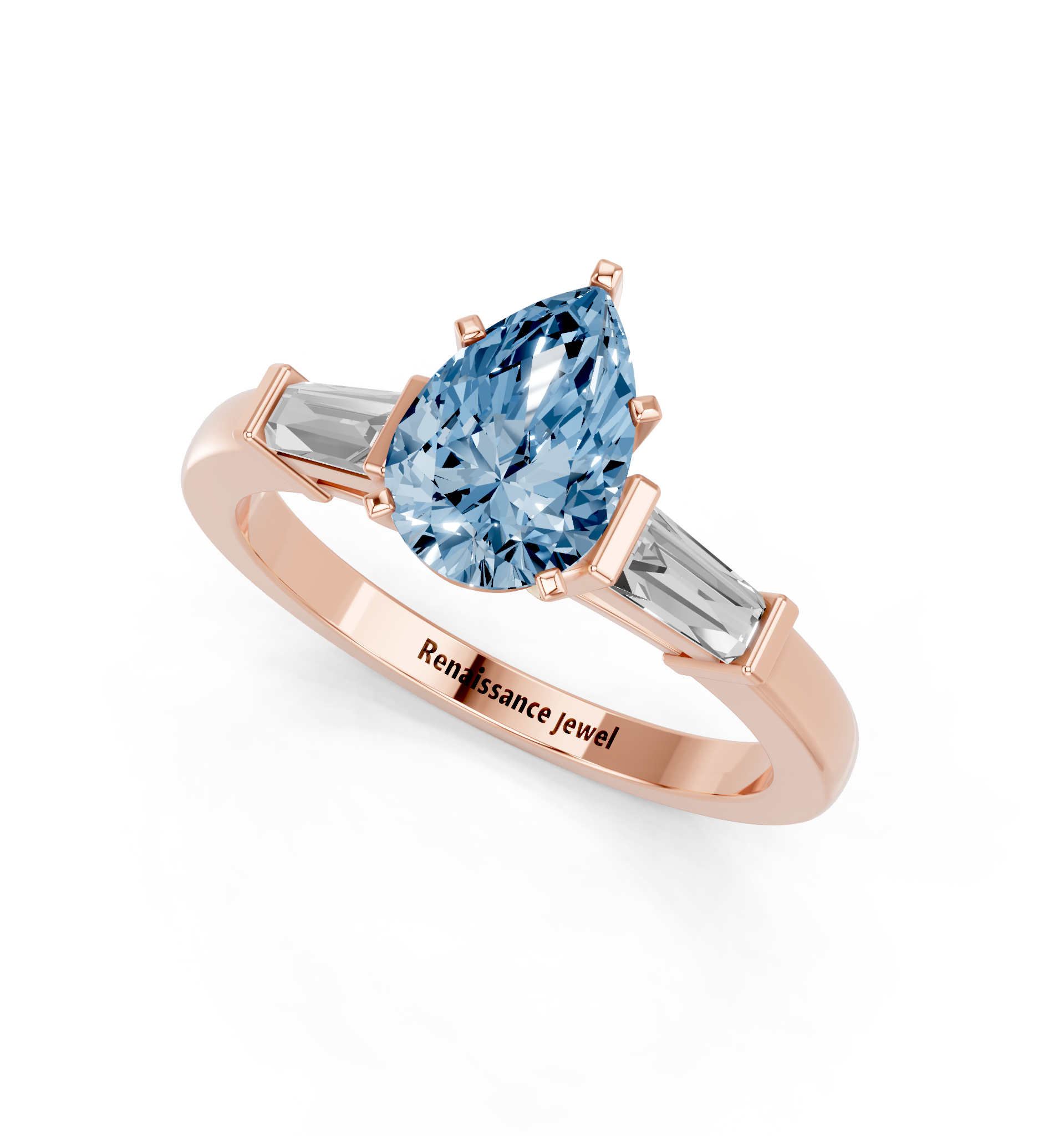Rose gold Fancy Blue Pear  Cut Diamond Solitaire Ring with Tapered Baguette Accents and Four-Prong Setting_3