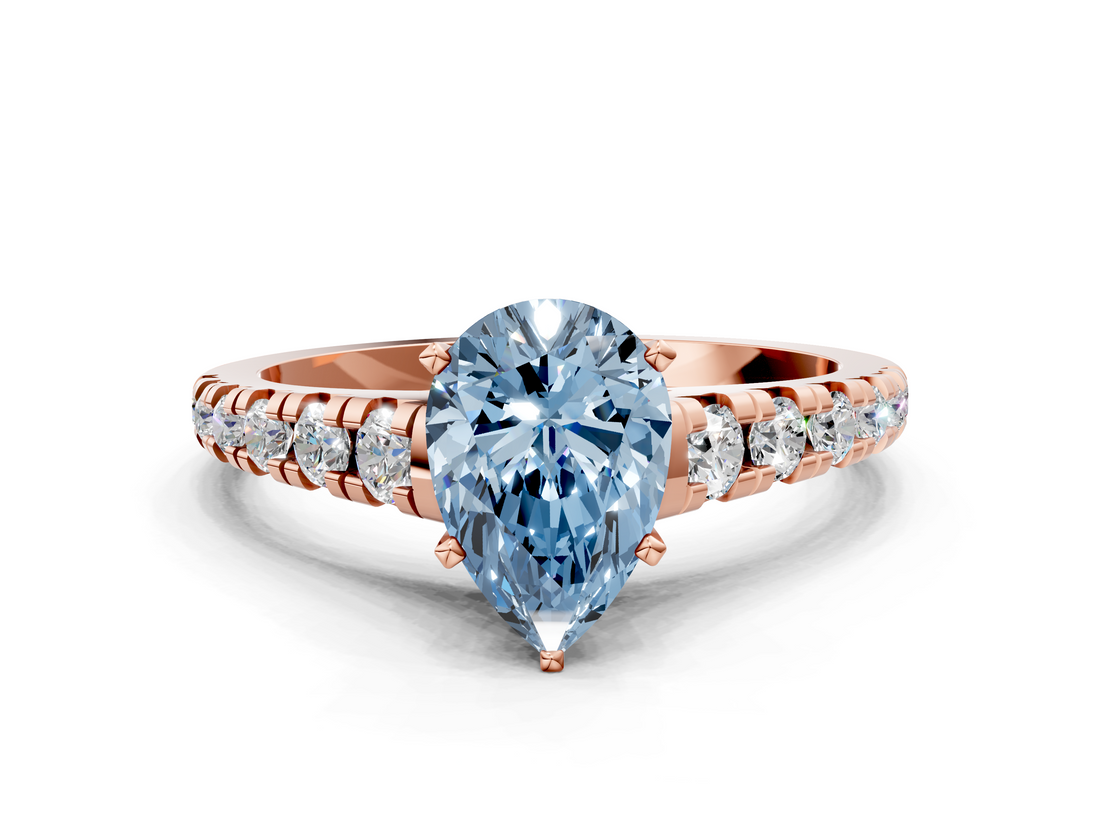 Rose gold Fancy Blue Pear  Cut Diamond Solitaire with Pave Band and Four-Prong Setting_131