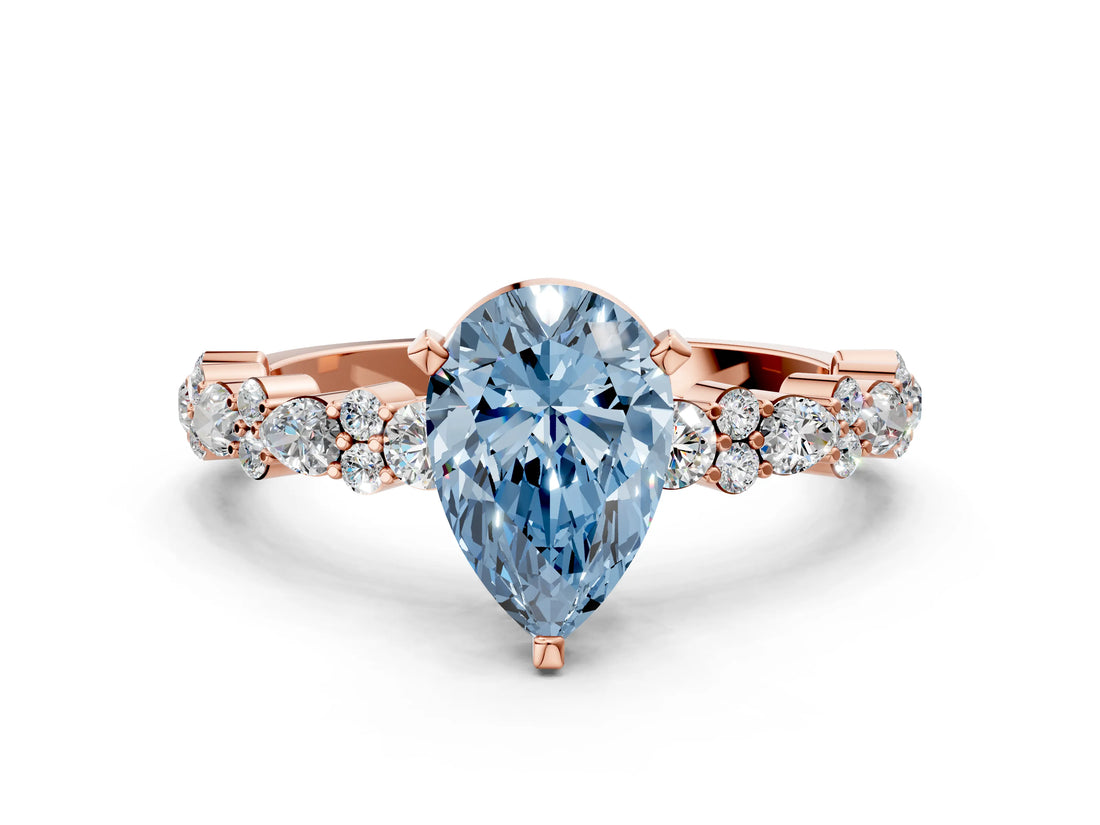 Rose gold Fancy Blue Pear Cut Diamond Solitaire with Side Stones, Pave Band, Four-Prong Setting_104