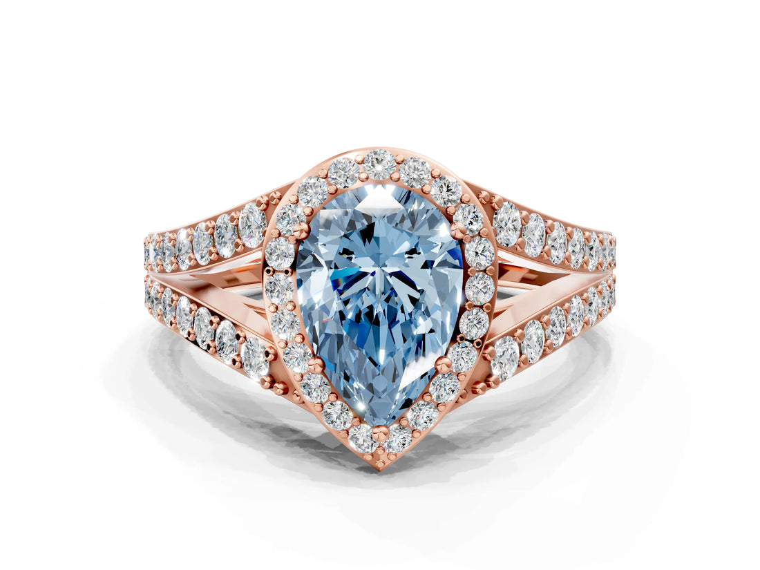 Rose gold Fancy Blue Pear Cut Diamond Split Shank Halo Ring with Four-Prong Setting_66
