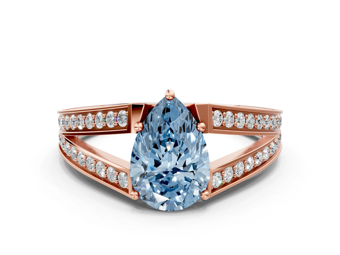 Rose gold Fancy Blue Pear Cut Diamond Split Shank Ring with Pavé Band and Four-Prong Setting_63