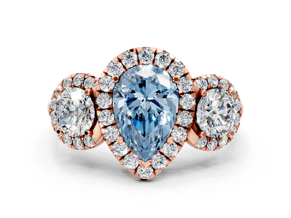 Rose gold Fancy Blue Pear Cut Diamond Three-Stone Halo Ring with Prong Setting and Pavé Accents