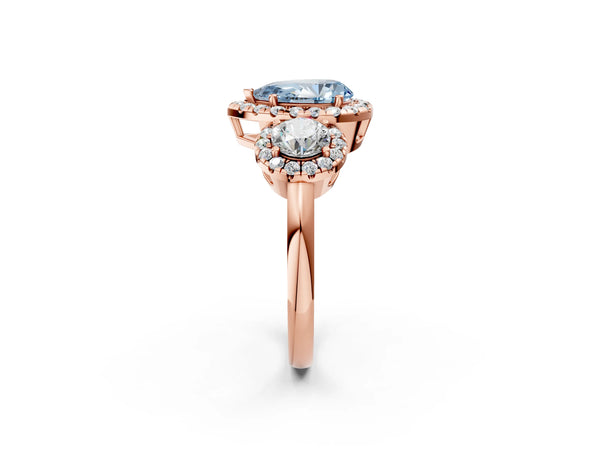 Rose gold Fancy Blue Pear Cut Diamond Three-Stone Halo Ring with Prong Setting and Pavé Accents