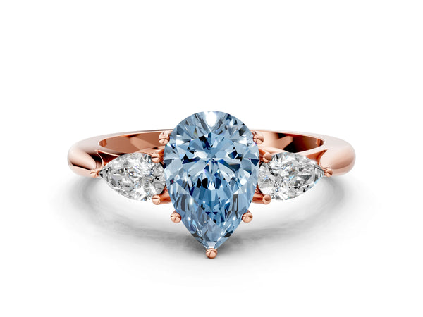 Rose Gold Pear-Shaped Three Stone Pear Side Engagement Ring Setting for Fancy Blue Center