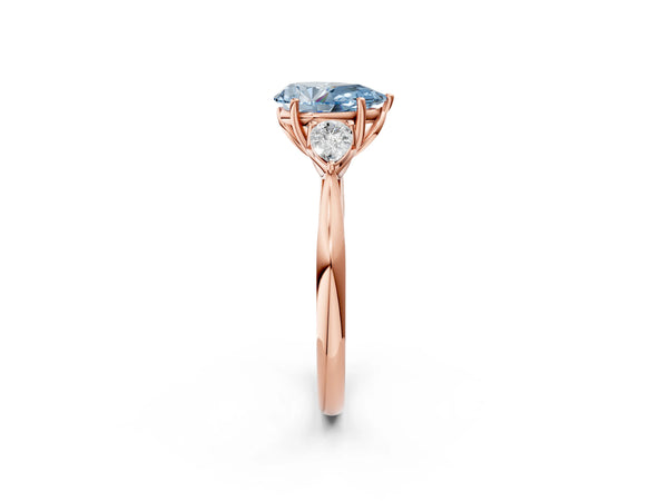 Rose Gold Pear-Shaped Three Stone Pear Side Engagement Ring Setting for Fancy Blue Center