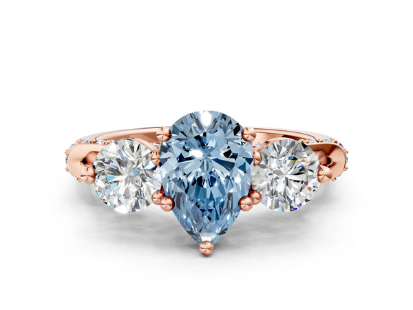 Rose Gold Pear-Shaped Curved Pave Three Stone Engagement Ring Setting for Fancy Blue Center