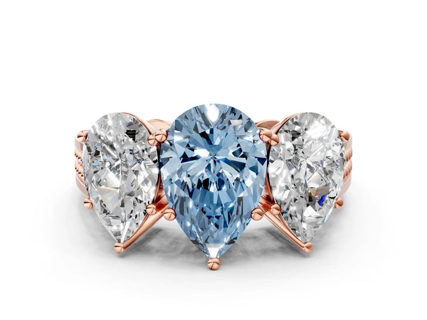 Rose gold Fancy Blue Pear Cut Diamond Three-Stone Ring with Prong Setting and Textured Band