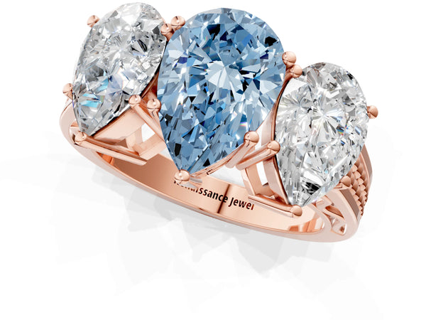 Rose gold Fancy Blue Pear Cut Diamond Three-Stone Ring with Prong Setting and Textured Band