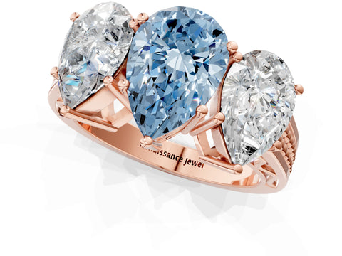 Rose gold Fancy Blue Pear Cut Diamond Three-Stone Ring with Prong Setting and Textured Band_1