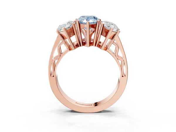 Rose gold Fancy Blue Pear Cut Diamond Three-Stone Ring with Prong Setting and Textured Band